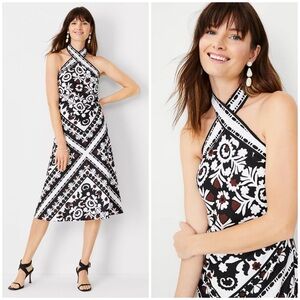 Ann Taylor Baroque Scarf‎ Print Tie Neck Halter Linen Cotton Fit N Flare Dress